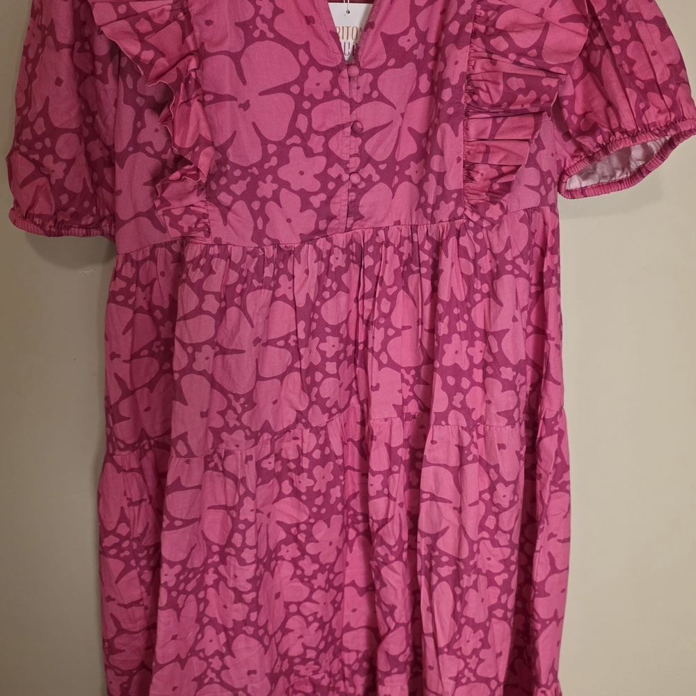 Briton Court Pink Floral Ruffle Midi Dress XL NWT Cotton
